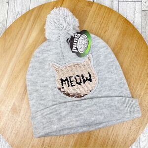 Pugs Gear Reversible Sequins Meow Cat Head Pom Pom‎ Knit Beanie Hat Gray